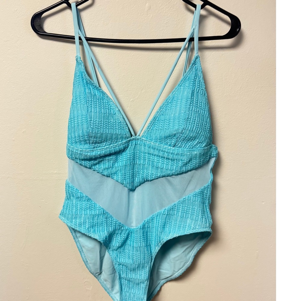 Aqua Blue Textured Mesh Chevron One Piece Swimsuit Womens Medium V-Neck;NWOT